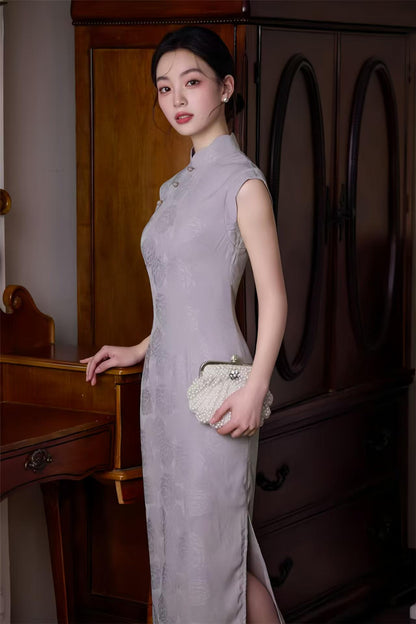 Women's Pink Jacquard Qipao Cheongsam Dress – Printed Sleeveless Long – additional product view