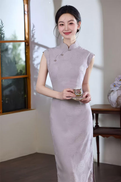 Women's Pink Jacquard Qipao Cheongsam Dress – Printed Sleeveless Long – additional product view
