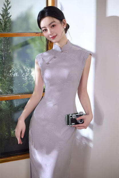Women's Pink Jacquard Qipao Cheongsam Dress – Printed Sleeveless Long – additional product view