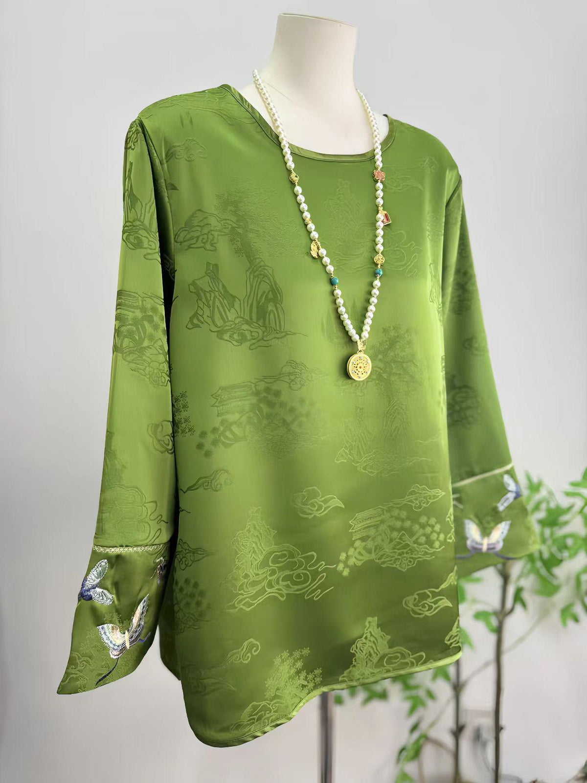 Women's Jacquard Silk Chinese Style Blouse – Landscape Print – additional product view