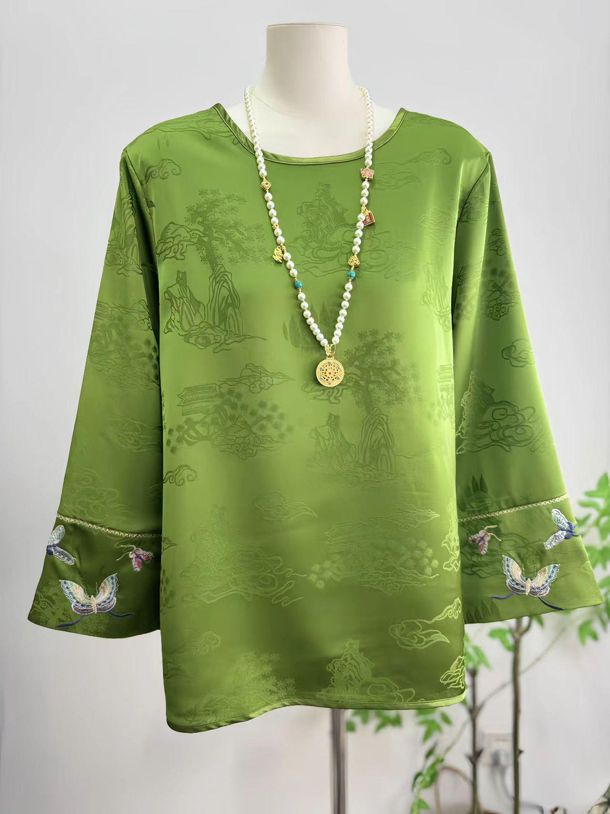 Women's Jacquard Silk Chinese Style Blouse – Landscape Print – additional product view