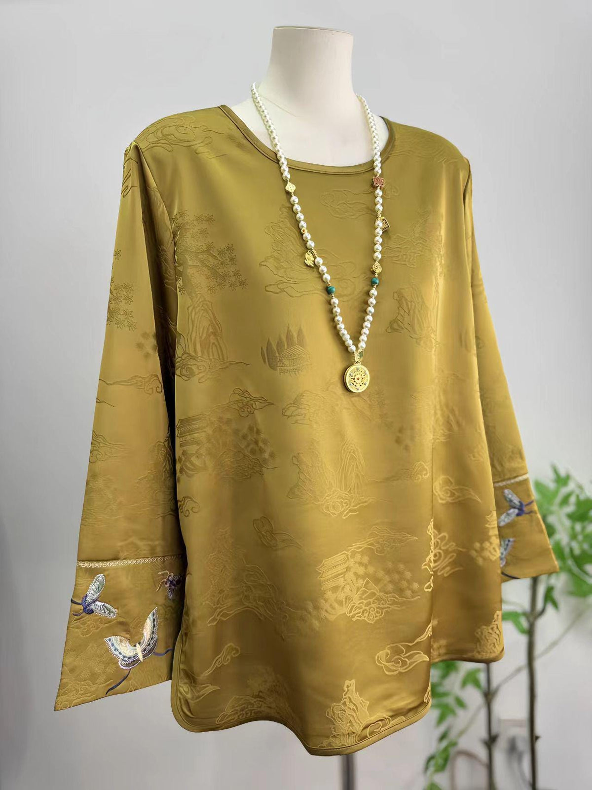Women's Jacquard Silk Chinese Style Blouse – Landscape Print – additional product view