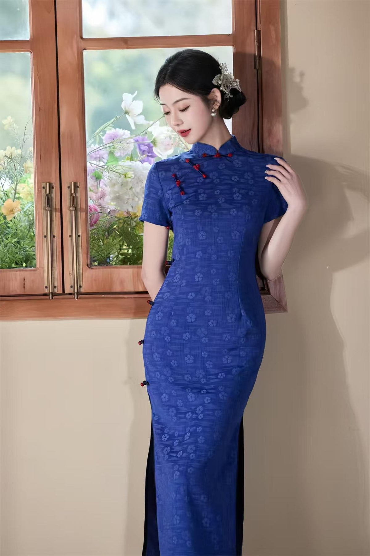 Women's Blue Jacquard Qipao Cheongsam Dress – Printed – additional product view