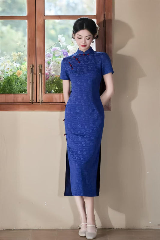 Women's Blue Jacquard Qipao Cheongsam Dress – Printed