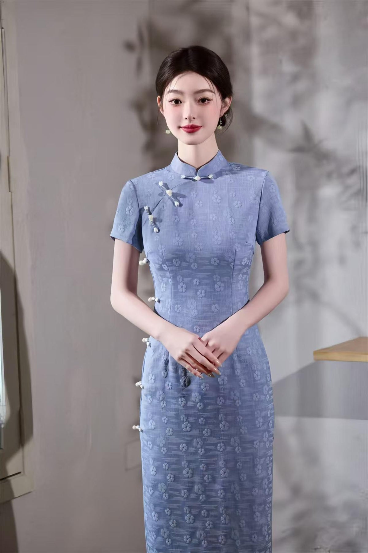 Women's Blue Jacquard Qipao Cheongsam Dress – Printed – additional product view