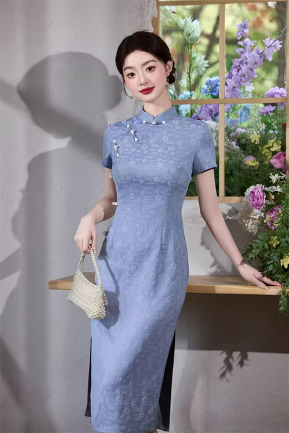 Women's Blue Jacquard Qipao Cheongsam Dress – Printed – additional product view