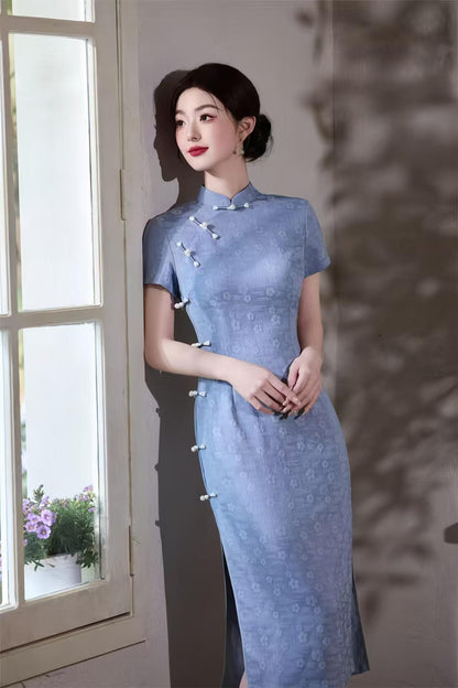 Women's Blue Jacquard Qipao Cheongsam Dress – Printed – additional product view