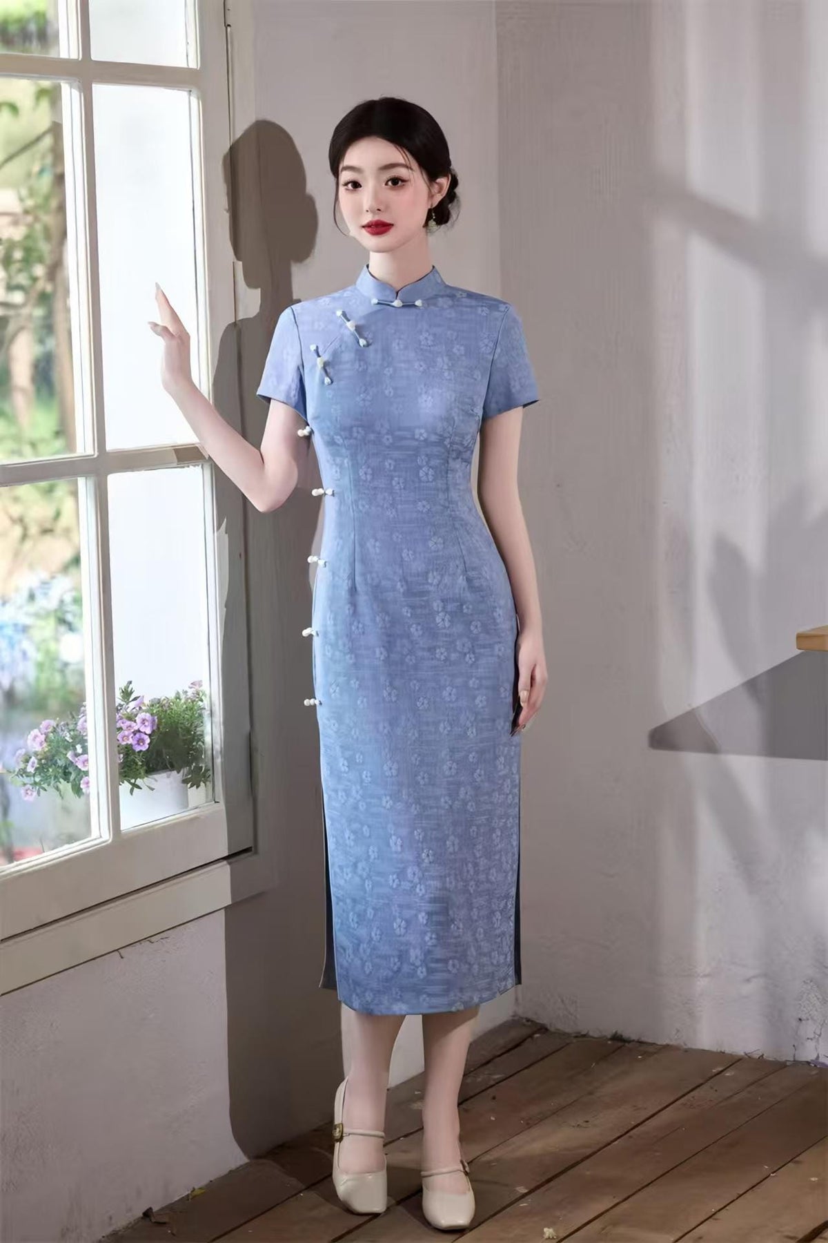 Women's Blue Jacquard Qipao Cheongsam Dress – Printed – additional product view