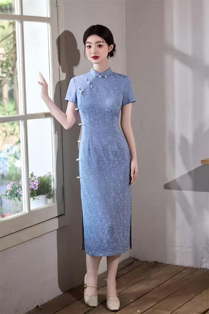 Women's Blue Jacquard Qipao Cheongsam Dress – Printed – additional product view