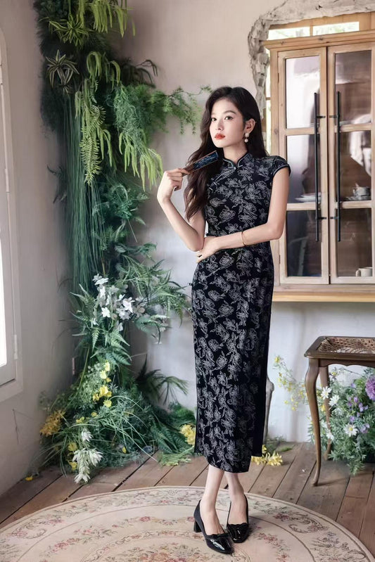 Women's Black Floral Velvet Qipao Cheongsam Dress – Long