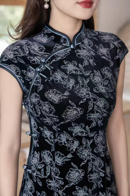 Women's Black Floral Velvet Qipao Cheongsam Dress – Long – additional product view