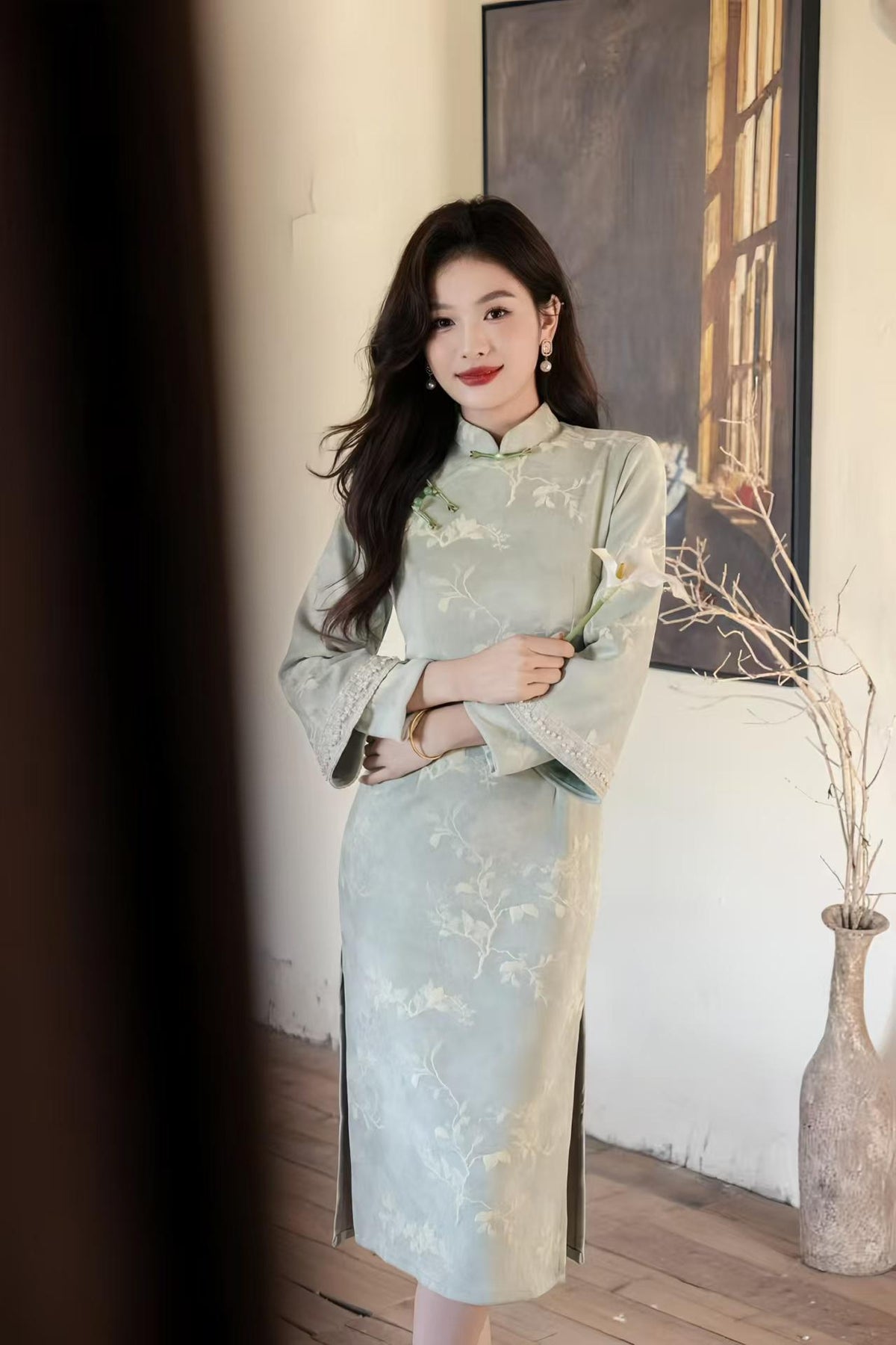Women's Floral Qipao Cheongsam Dress – Velvet Long Sleeve Long – additional product view