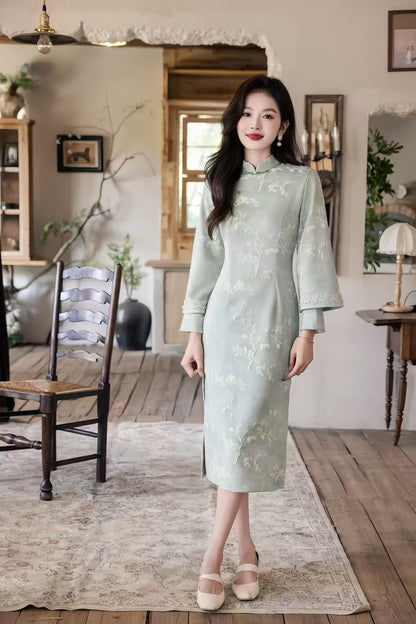 Women's Floral Qipao Cheongsam Dress – Velvet Long Sleeve Long – additional product view