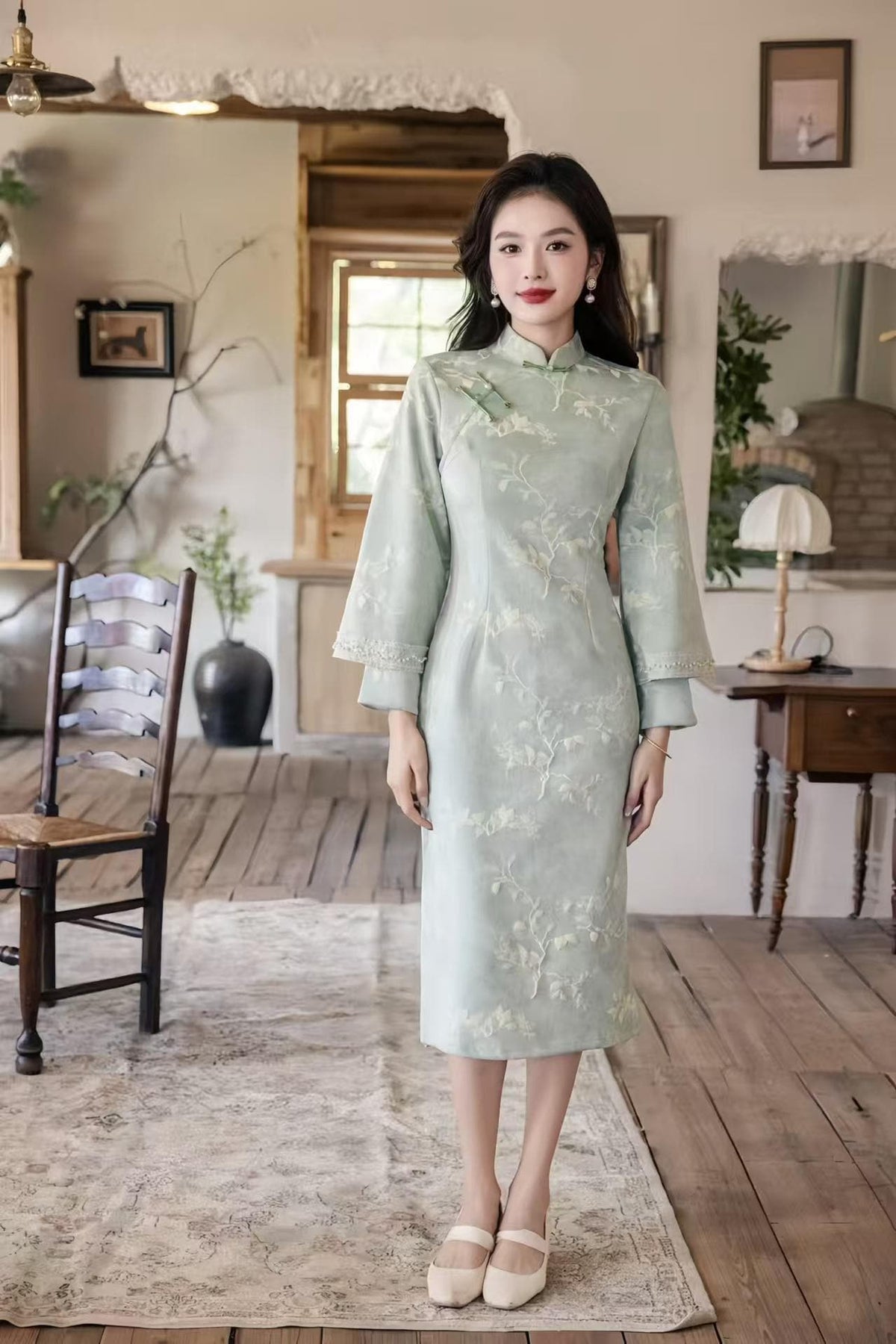 Women's Floral Qipao Cheongsam Dress – Velvet Long Sleeve Long