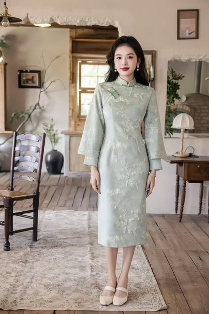 Women's Floral Qipao Cheongsam Dress – Velvet Long Sleeve Long