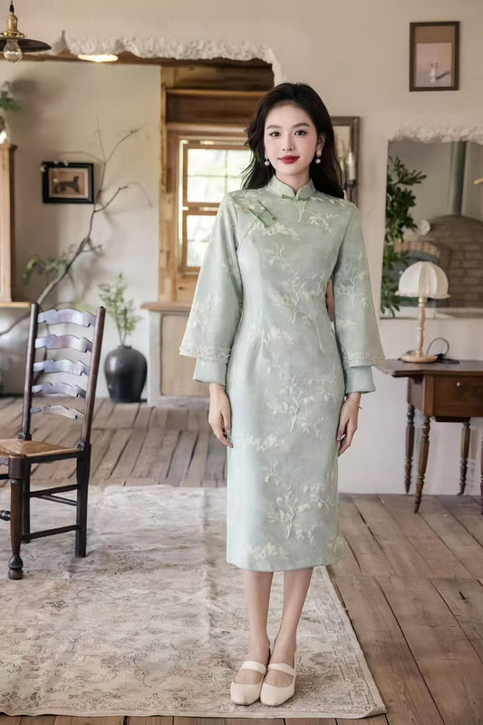 Women's Floral Qipao Cheongsam Dress – Velvet Long Sleeve Long