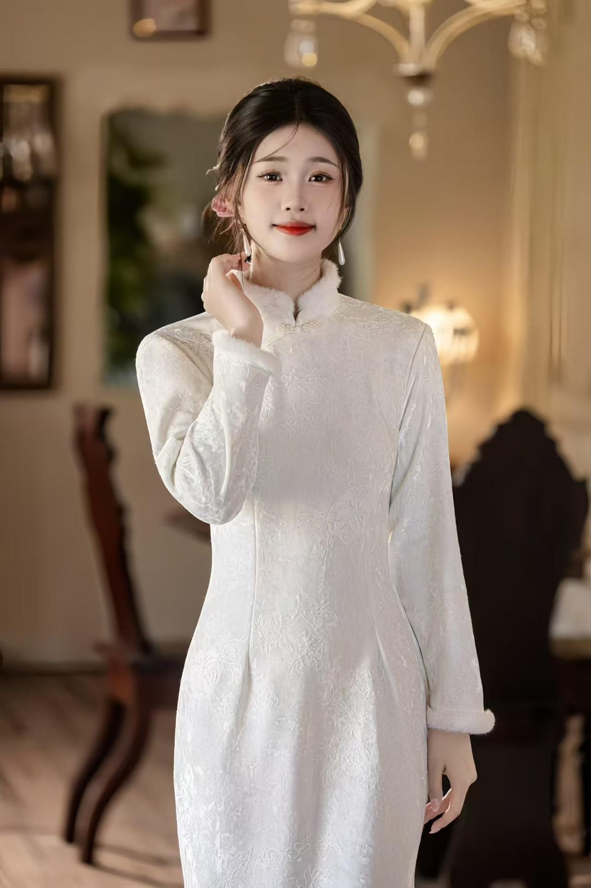 Women's Floral Qipao Cheongsam Dress – Gold Jacquard – additional product view