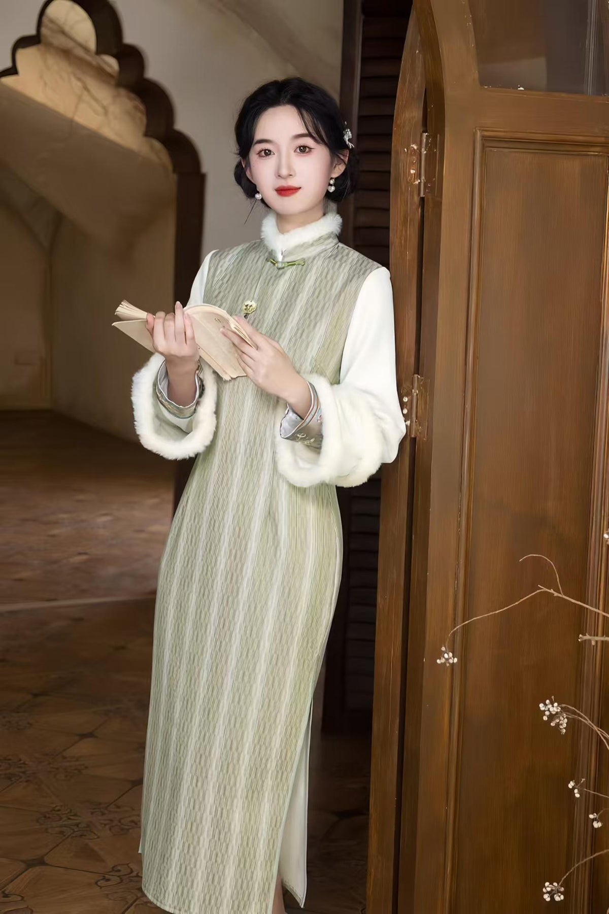 Women's Jacquard Qipao Cheongsam Dress – Striped – additional product view