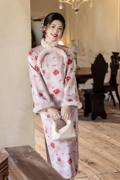 Women's Floral Satin Qipao Cheongsam Dress – Floral Embroidery Winter – additional product view