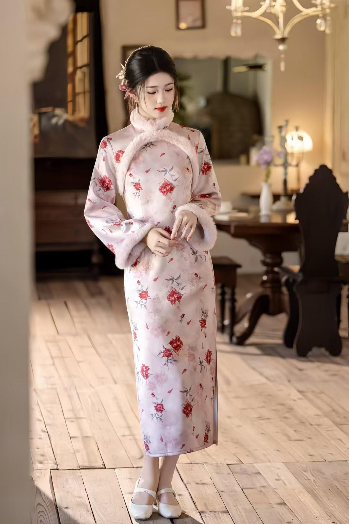 Women's Floral Satin Qipao Cheongsam Dress – Floral Embroidery Winter – additional product view