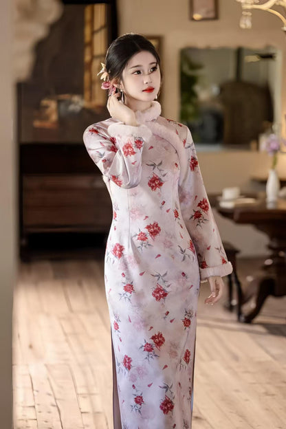 Women's Floral Satin Qipao Cheongsam Dress – Floral Embroidery Winter – additional product view