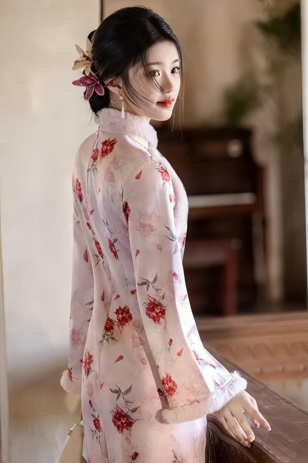 Women's Floral Satin Qipao Cheongsam Dress – Floral Embroidery Winter – additional product view