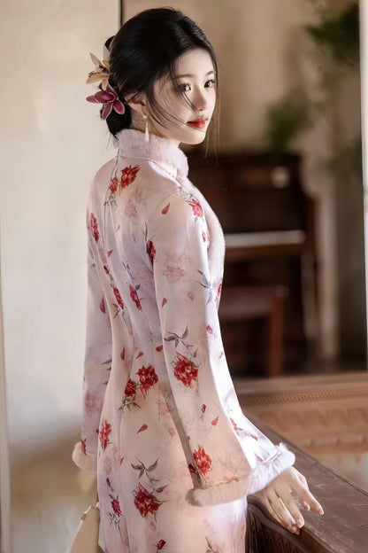Women's Floral Satin Qipao Cheongsam Dress – Floral Embroidery Winter – additional product view