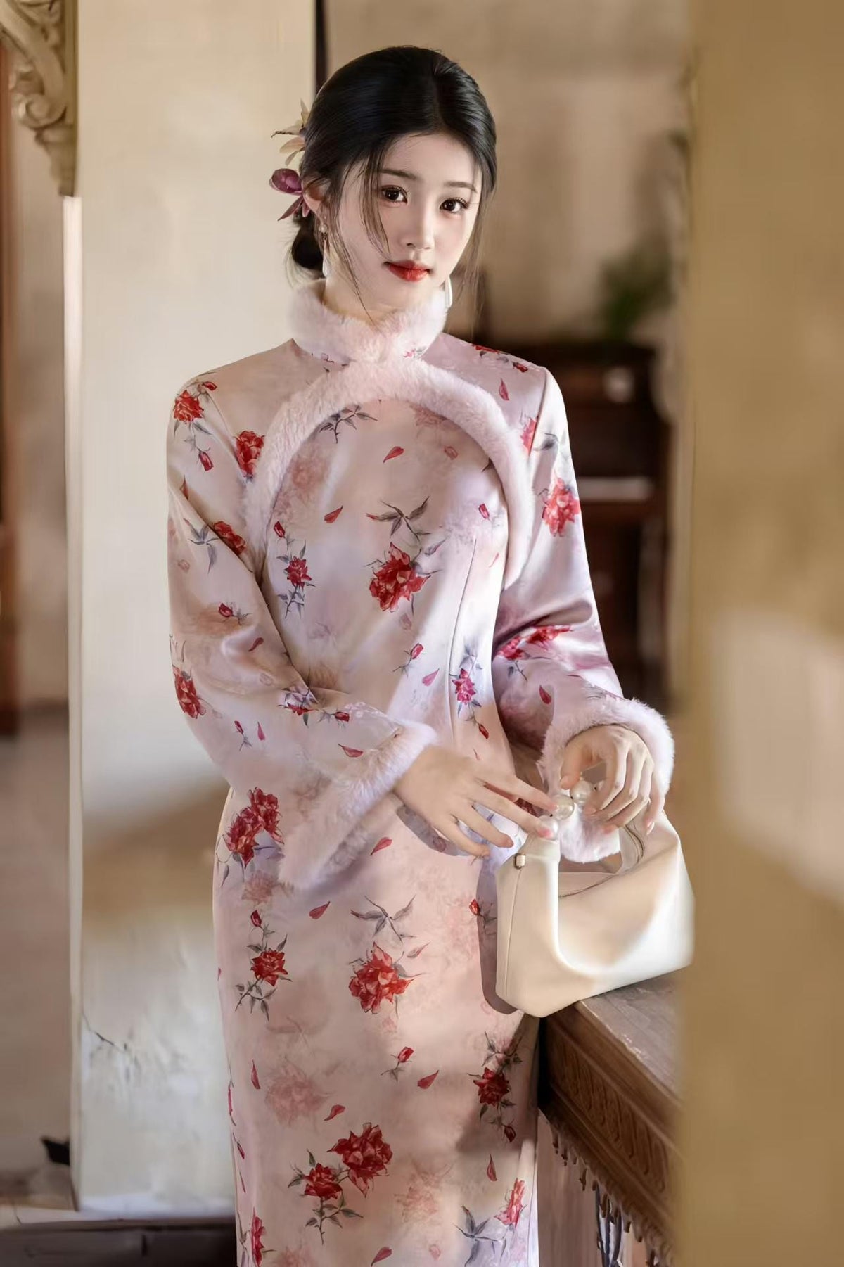 Women's Floral Satin Qipao Cheongsam Dress – Floral Embroidery Winter – additional product view