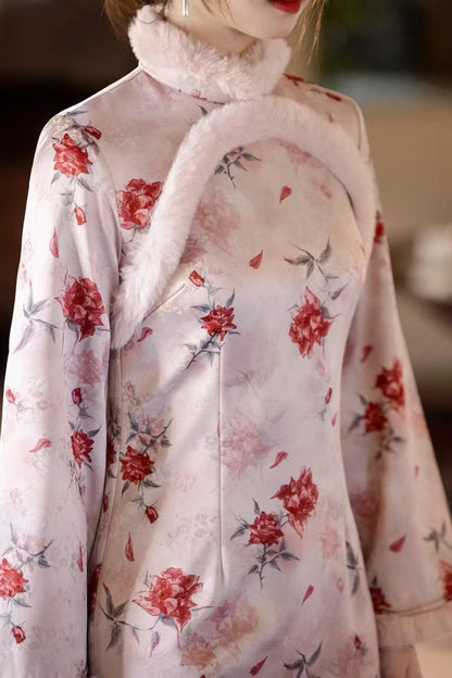 Women's Floral Satin Qipao Cheongsam Dress – Floral Embroidery Winter – additional product view