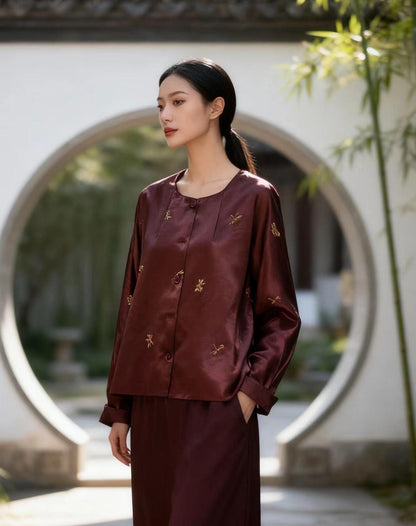 Women's Black Embroidered Satin Chinese Tang Jacket