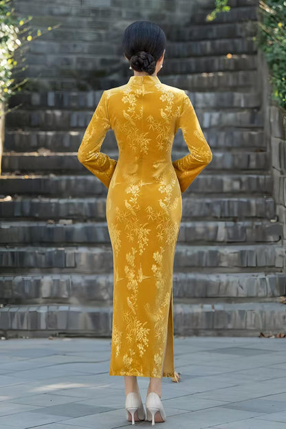Women's Gold Jacquard Velvet Qipao Cheongsam Dress – additional product view