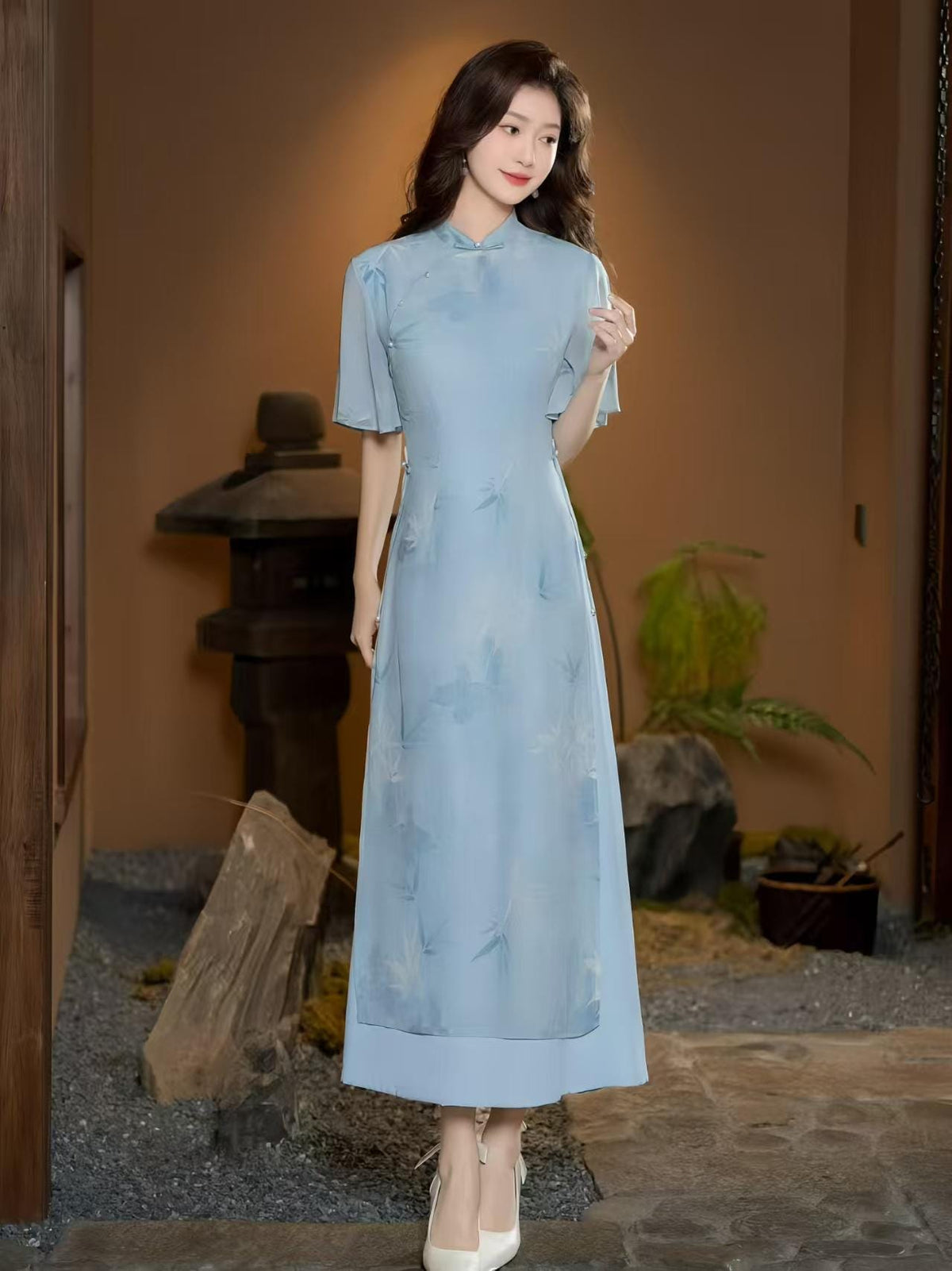 Women's Blue Floral Qipao Cheongsam Dress – Bamboo – additional product view