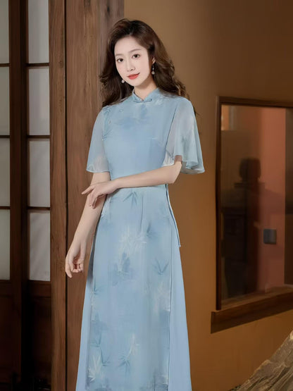 Women's Blue Floral Qipao Cheongsam Dress – Bamboo – additional product view