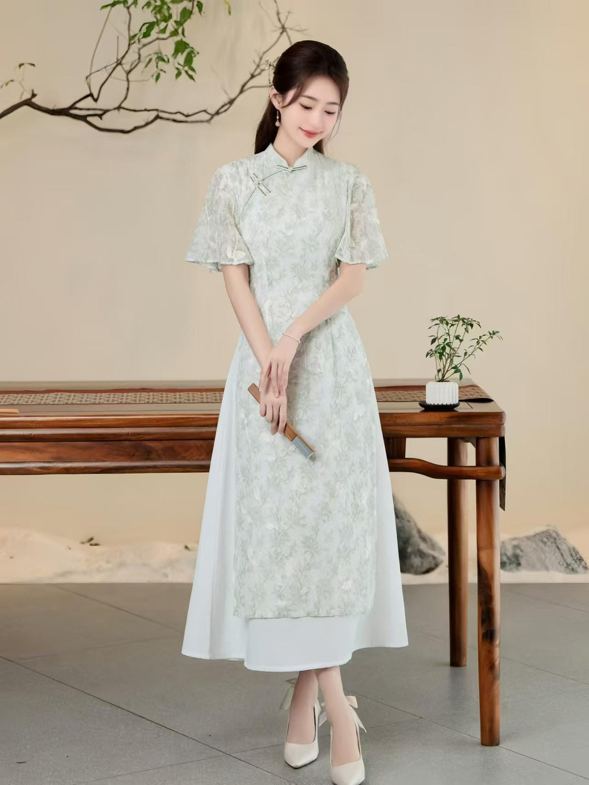 Women's White Floral Qipao Cheongsam Dress – additional product view