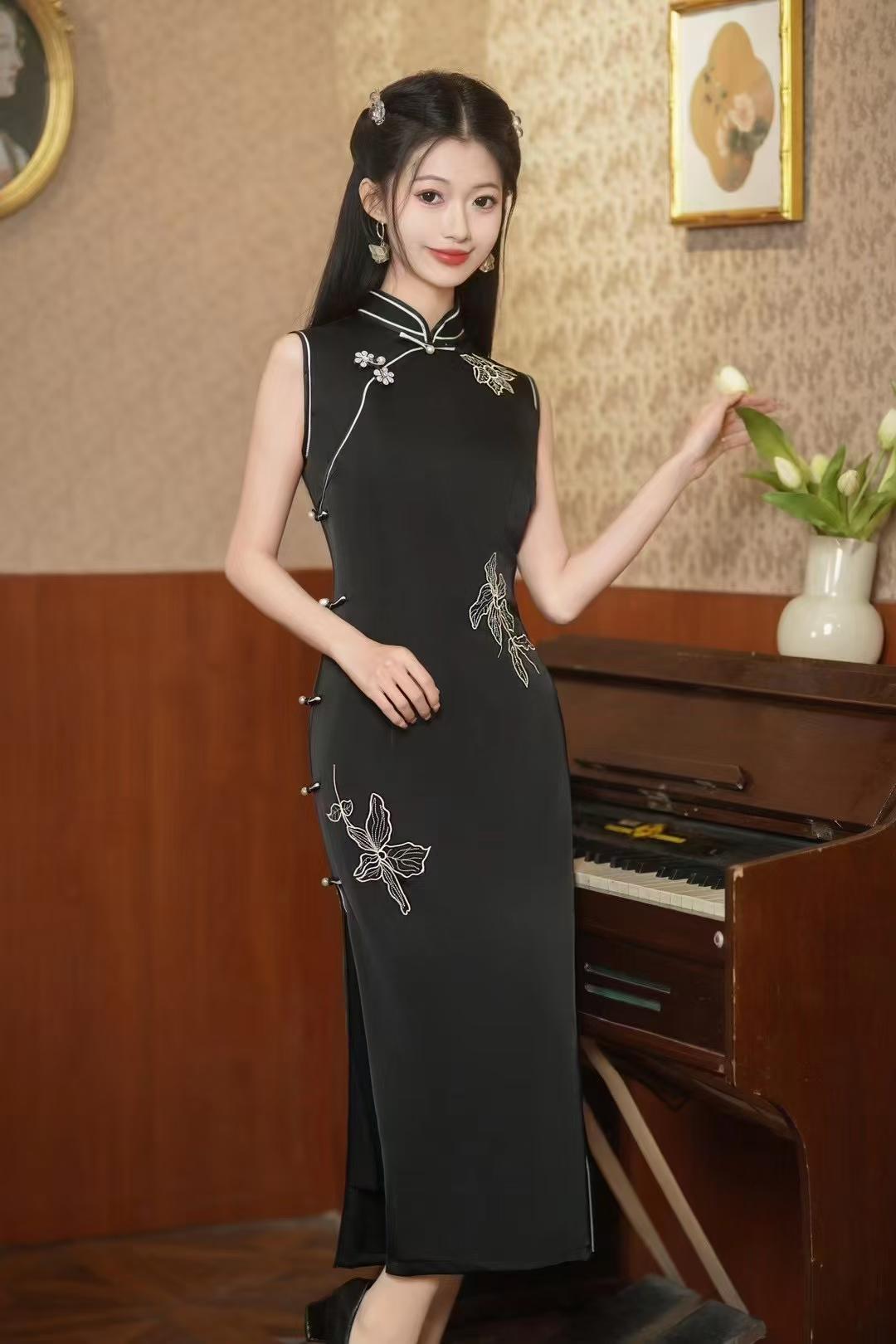 Women's Black Floral Qipao Cheongsam Dress – Acetate – additional product view