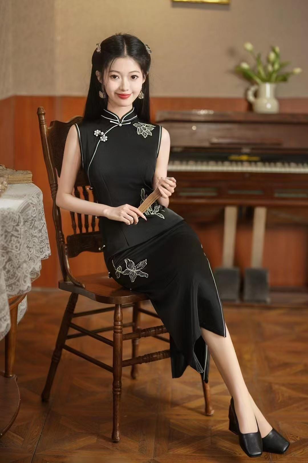 Women's Black Floral Qipao Cheongsam Dress – Acetate – additional product view