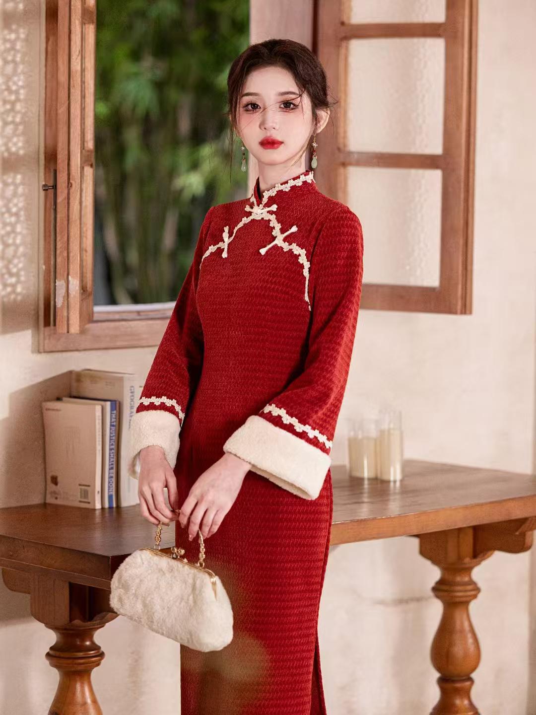Women's Red Vintage Lace Qipao Cheongsam Dress – additional product view