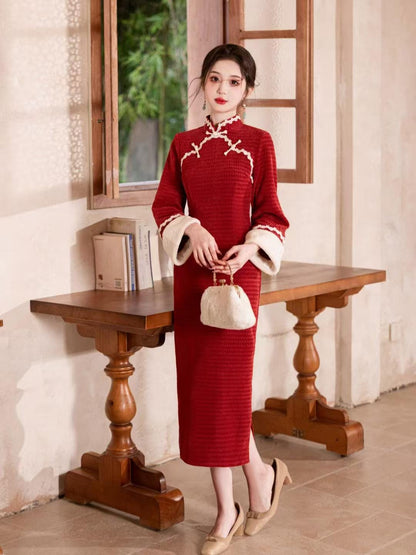 Women's Red Vintage Lace Qipao Cheongsam Dress