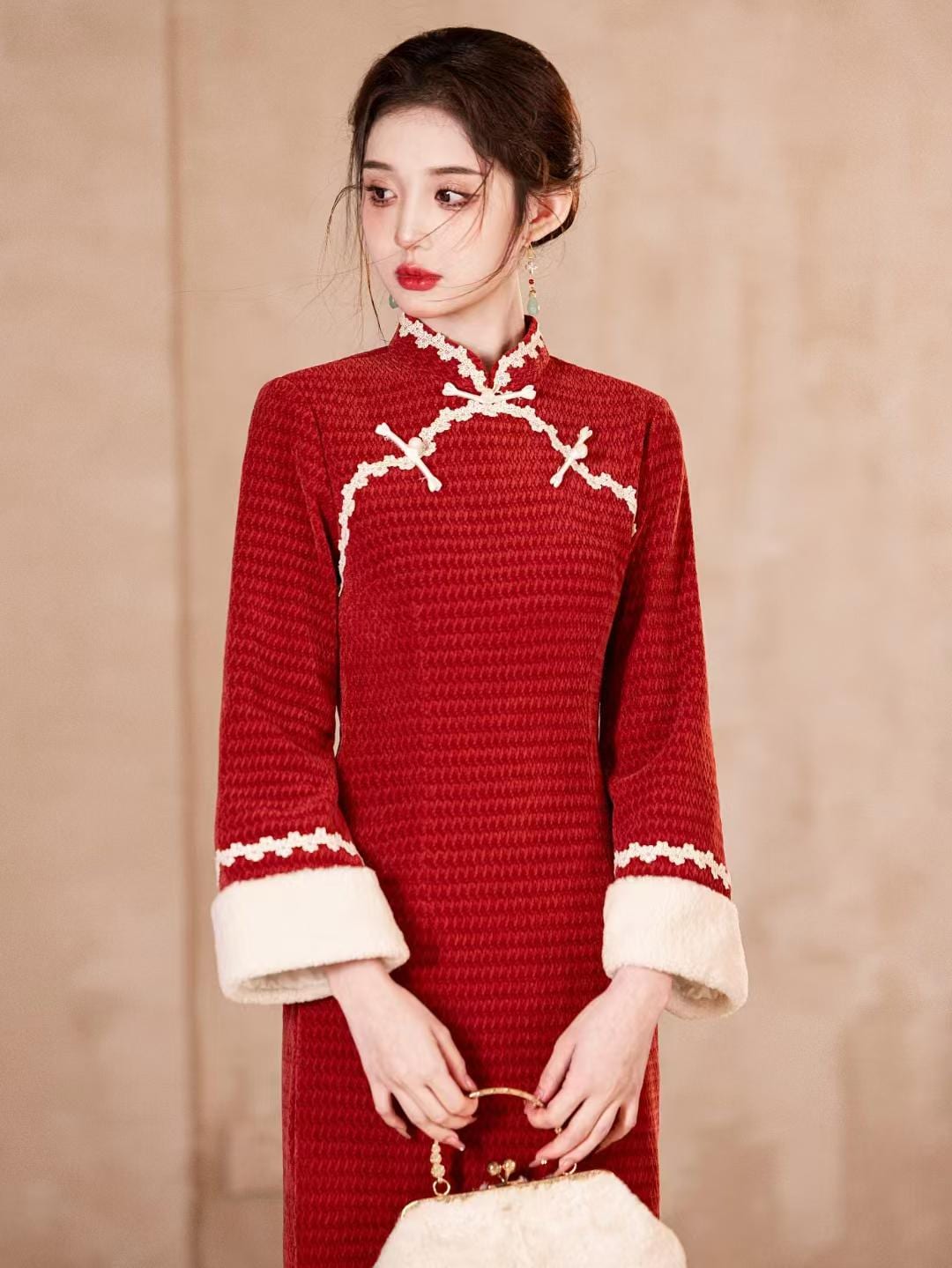 Women's Red Vintage Lace Qipao Cheongsam Dress – additional product view