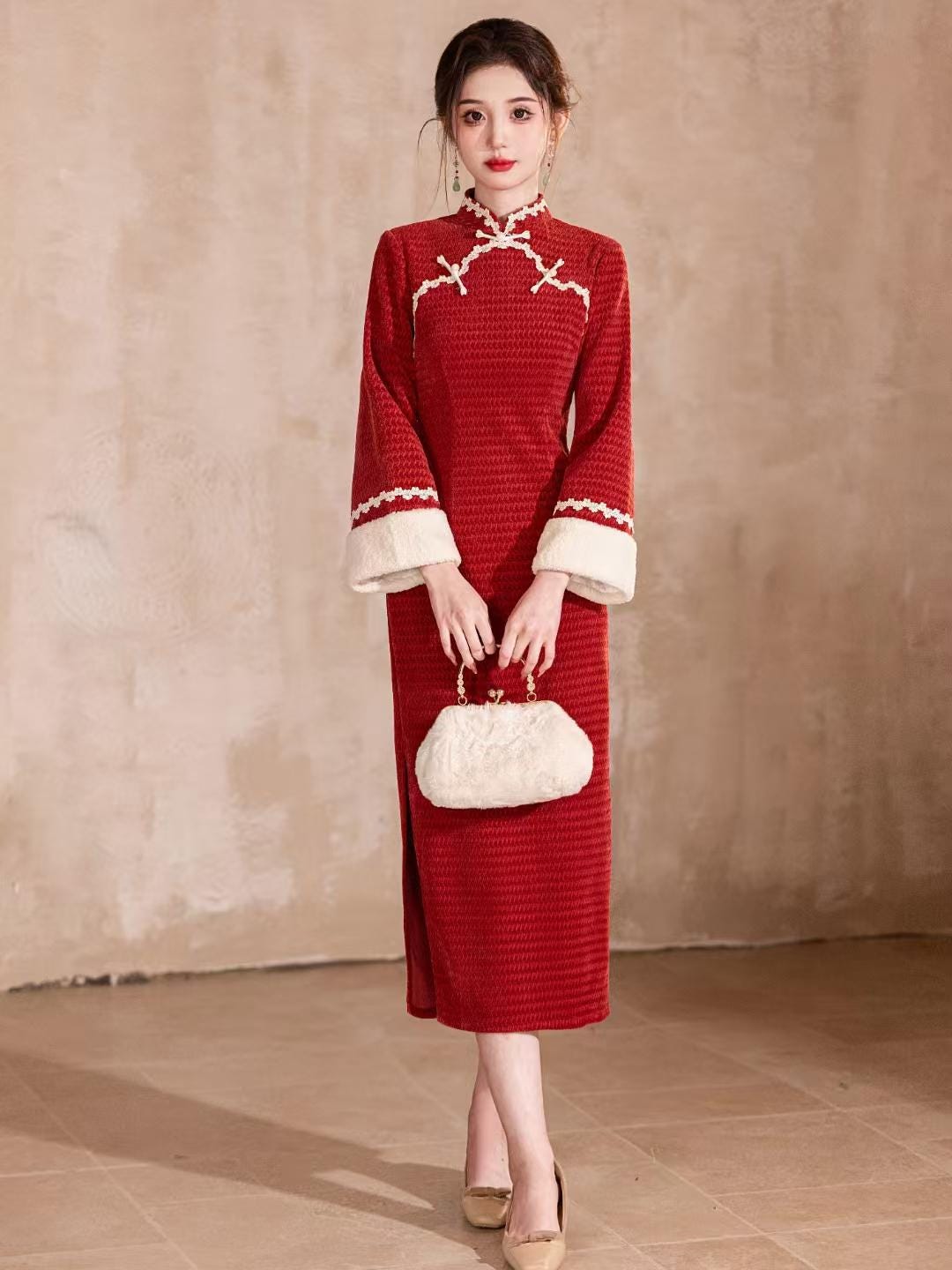 Women's Red Vintage Lace Qipao Cheongsam Dress – additional product view