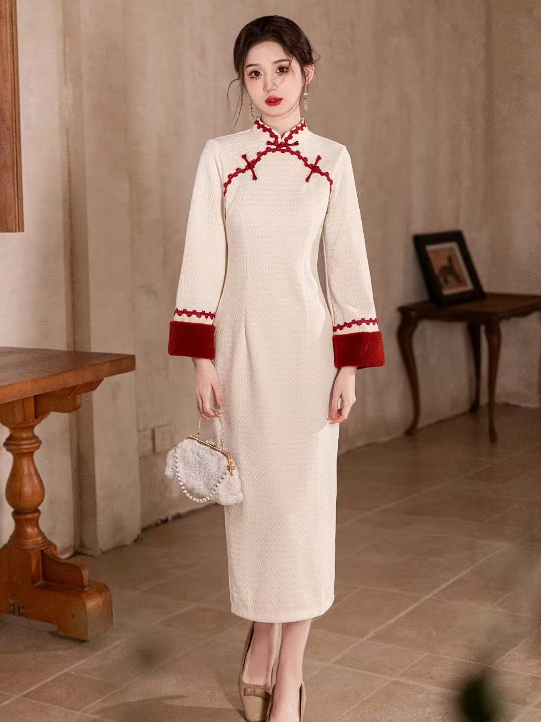Women's White Vintage Lace Qipao Cheongsam Dress – Long Sleeve