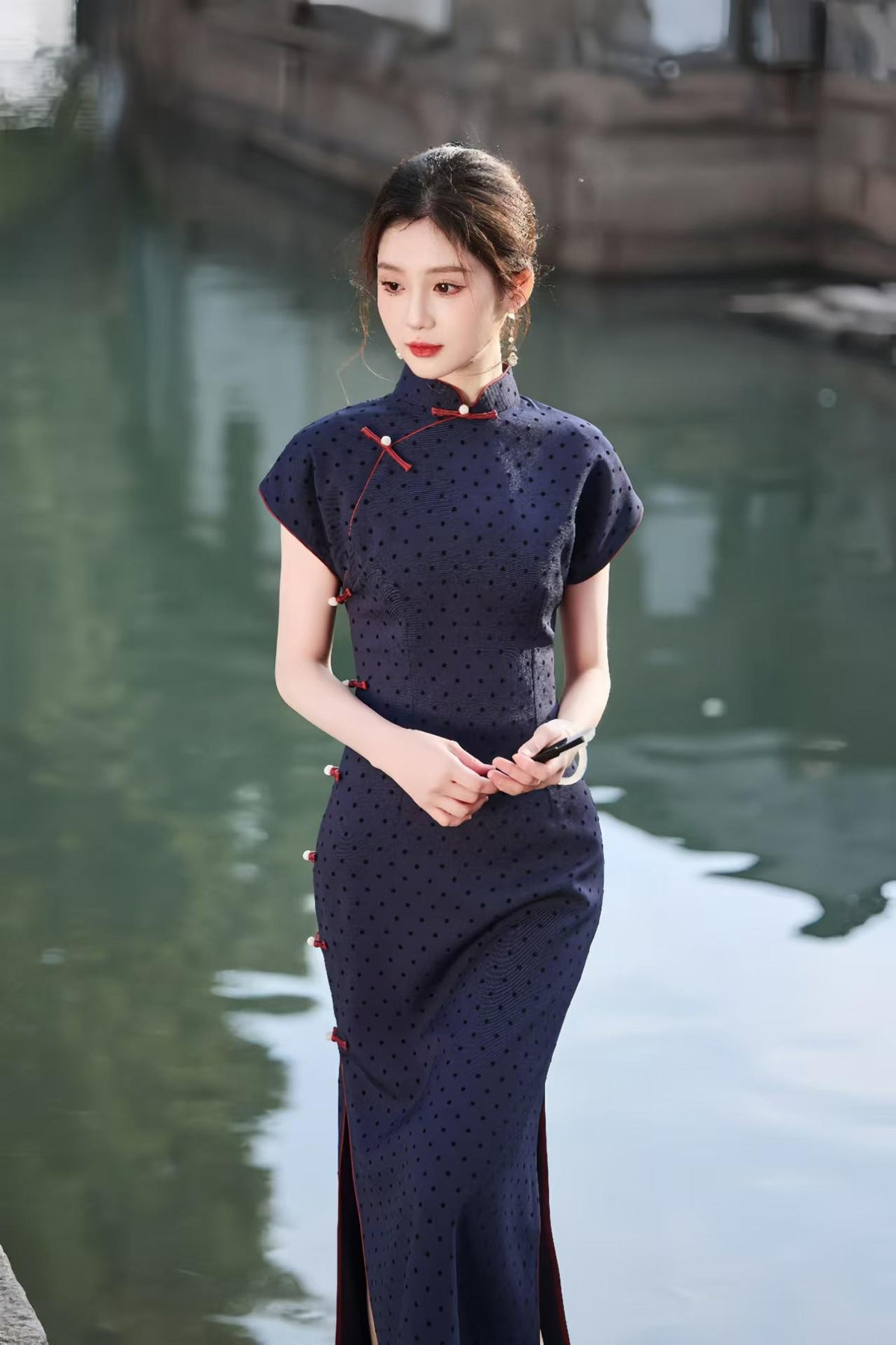 Women's Blue Vintage Qipao Cheongsam Dress – Satin – additional product view
