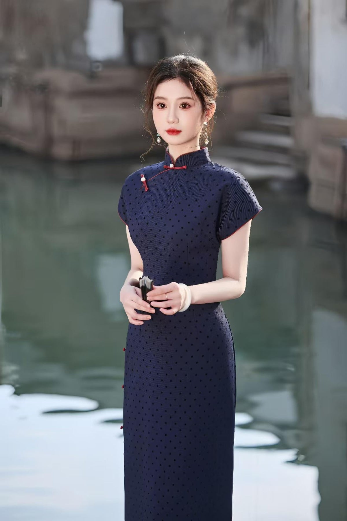 Women's Blue Vintage Qipao Cheongsam Dress – Satin – additional product view