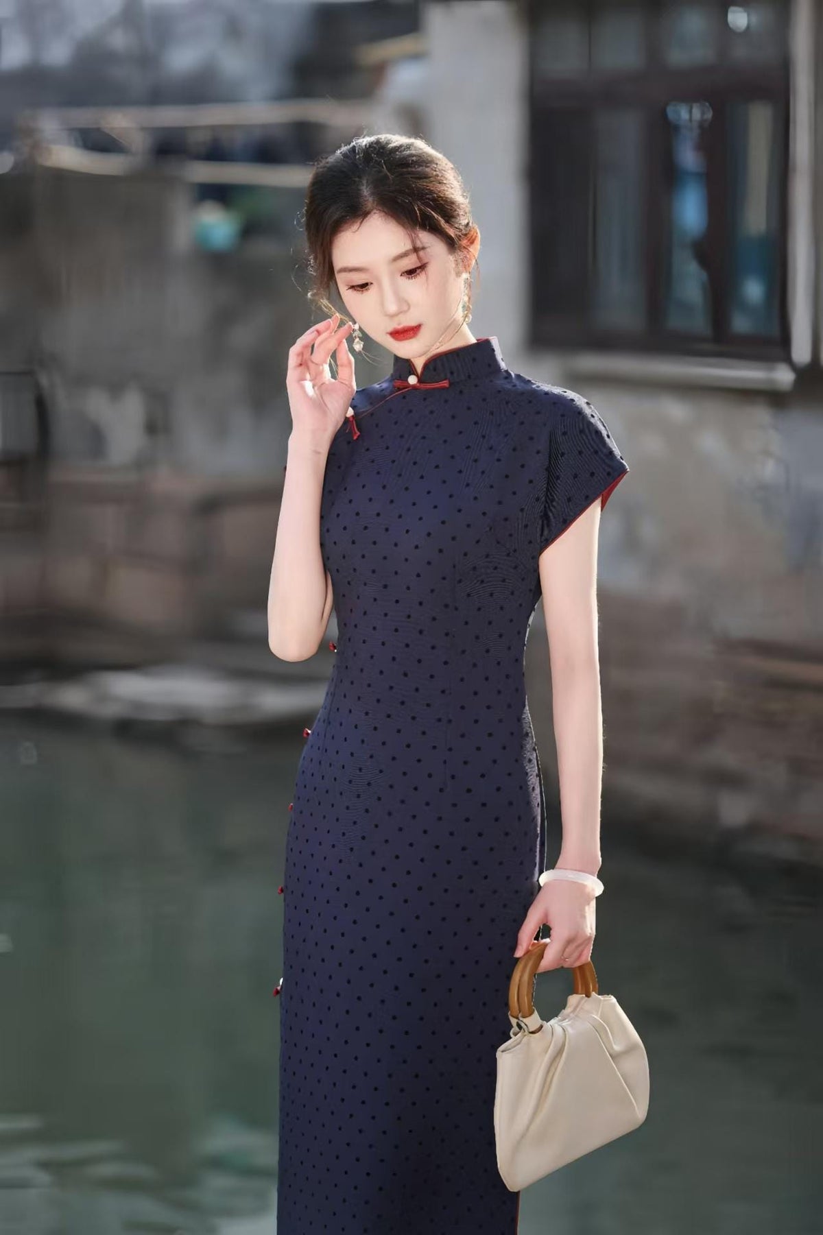 Women's Blue Vintage Qipao Cheongsam Dress – Satin – additional product view