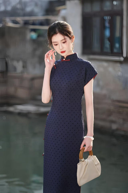Women's Blue Vintage Qipao Cheongsam Dress – Satin – additional product view