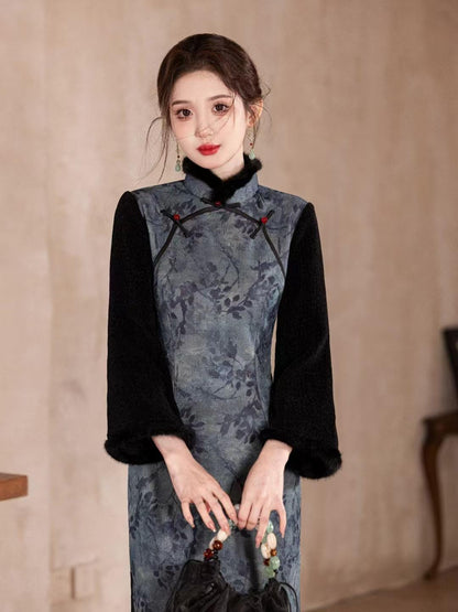 Women's Vintage Silk Qipao Cheongsam Dress – Gray Printed Long Sleeve High Collar – additional product view