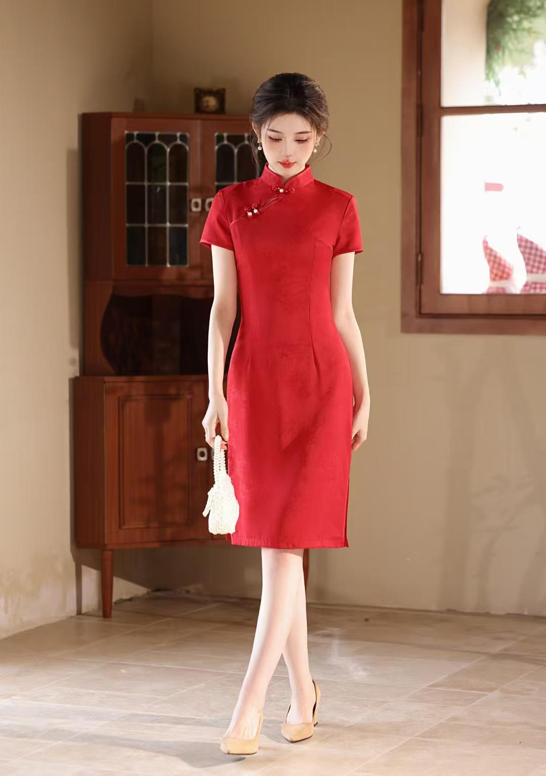 Women's Red Jacquard Qipao Cheongsam Dress – High Collar – additional product view