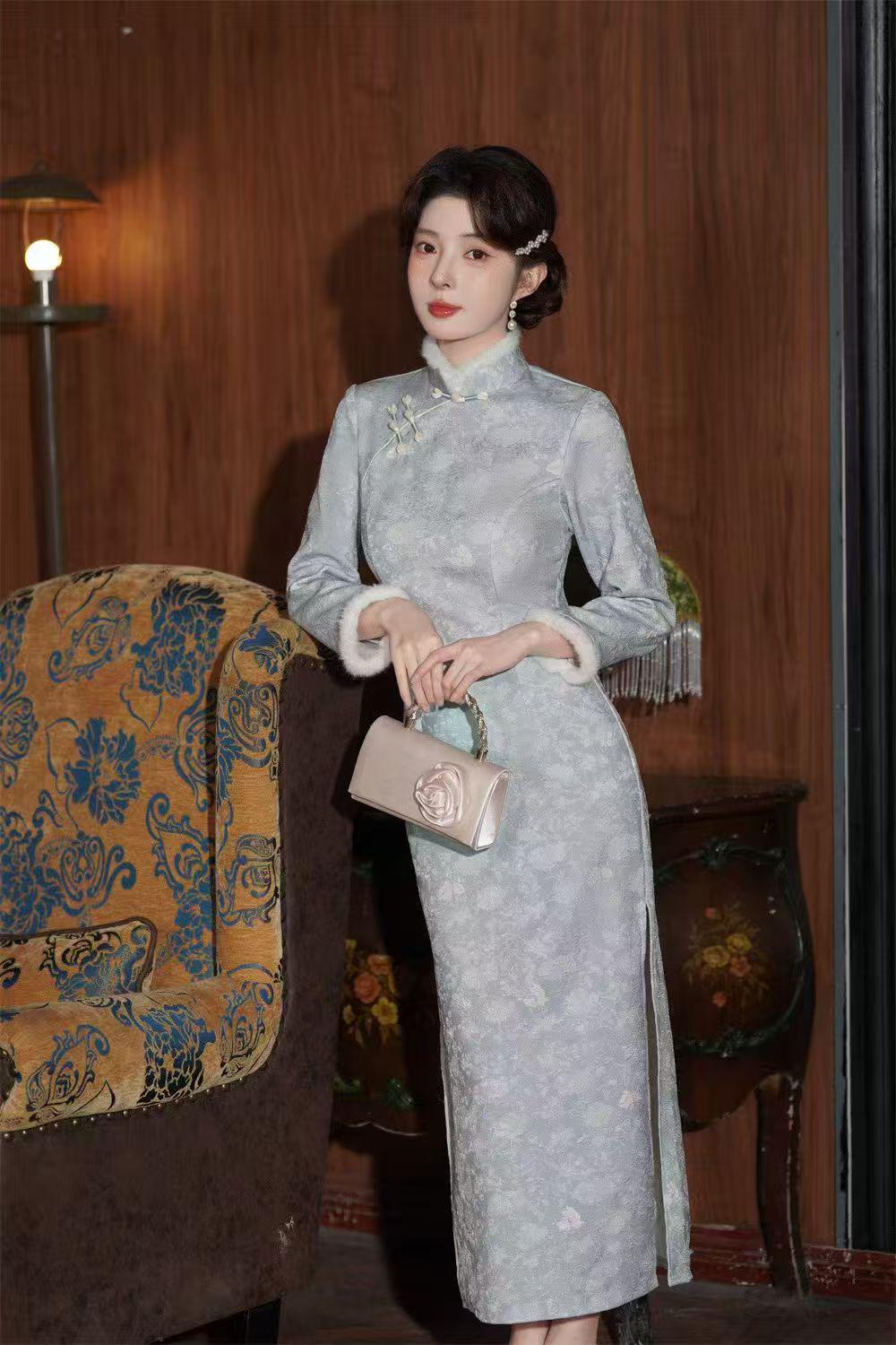 Women's Jacquard Velvet Qipao Cheongsam Dress – additional product view