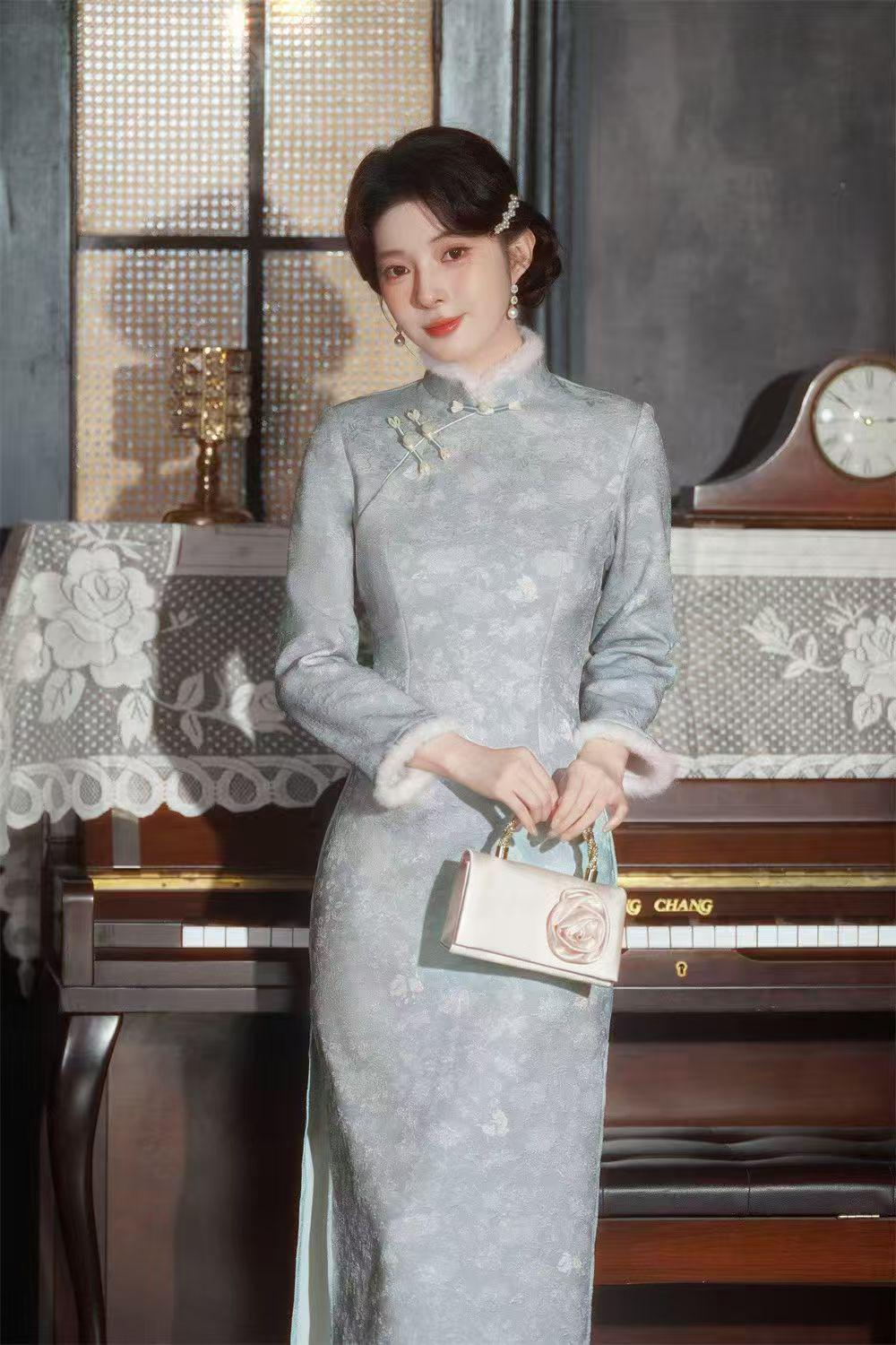 Women's Jacquard Velvet Qipao Cheongsam Dress
