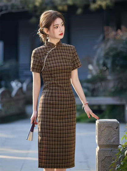 Women's Green Elegant Qipao Cheongsam Dress – Linen Short Sleeve – additional product view